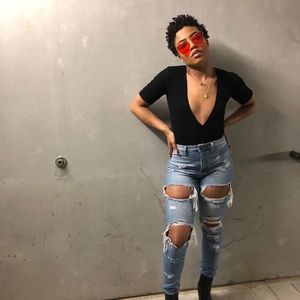 Distressed, High Waist Jeans